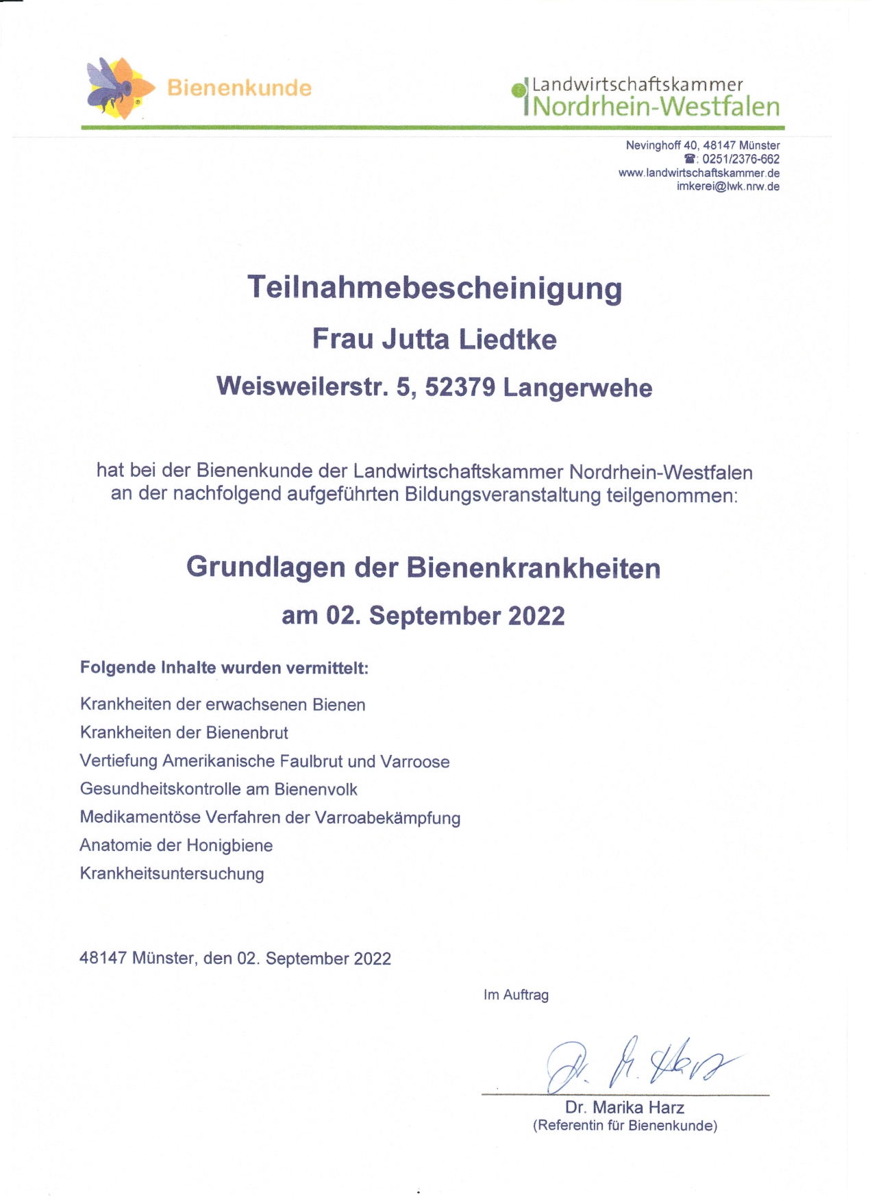 Zertifikat Bienenkrankheiten Jutta